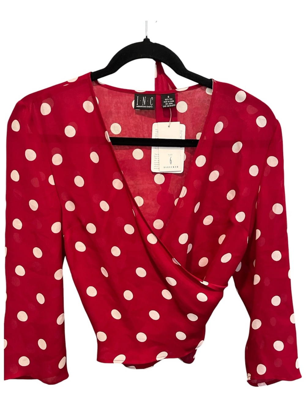 INC International Concepts Red and White Polka Dot Silk Wrap Blouse